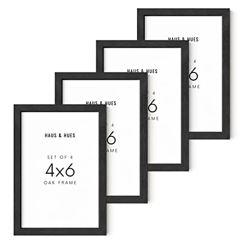 HAUS AND HUES Black Solid Oak 4x6 Picture Frame for Wall or Tabletop Set of 4 - Wooden Picture Frames 4x6, Photo Frames 4x6, Bulk Picture Frames 4x6, Gallery Wall Frame Set, 4x6 Frames for Pictures