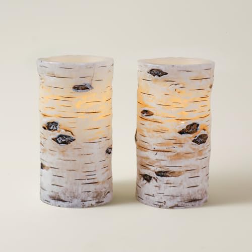 H-BLOSSOM Flickering Flameless Candles Birch Bark Effect Battery Operated Real Wax Pillar Candles LED Candles with Cycling 5H Timer Pack of 2 (3 x 6)