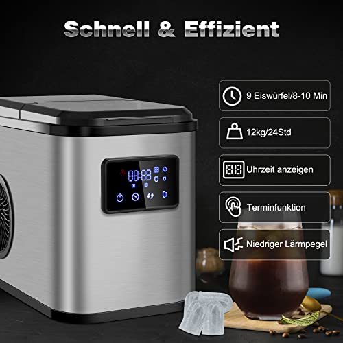WOLTU Eiswürfelmaschine Eiswürfelbereiter, 9 Eiswürfel/9,5 Min., 12-15 kg/24 Stunden, 2 Eiswürfelgrößen, 2 L Wassertank, mit Timer Uhrzeit Selbstreinigungsfunktion, EM05sb