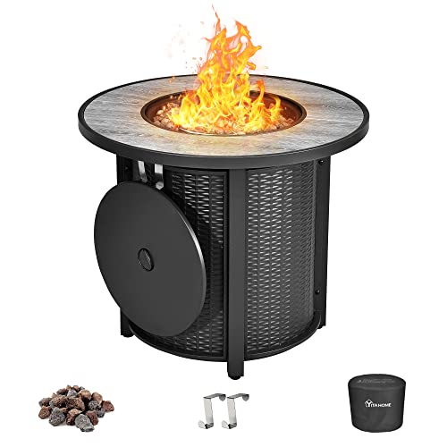 YITAHOME 30 Inch Round Propane Fire Pit Table, 50,000 BTU Gas Fire Pit with Ignition Systems, Ceramic Tile Tabletop, Lava Rock, Cover, Lid Hanger, Outdoor Firetable for Patio Garden Backyard (Black)