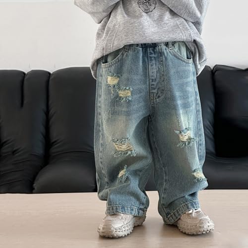 Boy's Elastic Waist Wide Leg Cargo Jeans Casual Baggy Demin Pants Loose Trendy Pants with Pockets 3-12 Years2