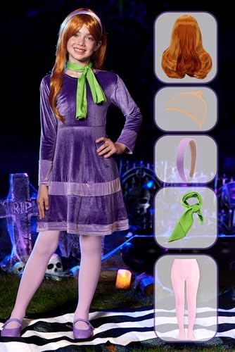 BesserBay Halloween Girls 6Pcs Purple Velvet A-Line Dress with Wig Scarf Headband Tights Set 4-14 Years2