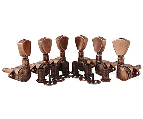 Guyker Guitar Locking Tuners (3L + 3R Handed) - 1:21 Models Rear Lock String Tuning Key Pegs Machine Head with Trapezium Handle Replacement for Electric, Folk or Acoustic Guitars - Antique Bronze