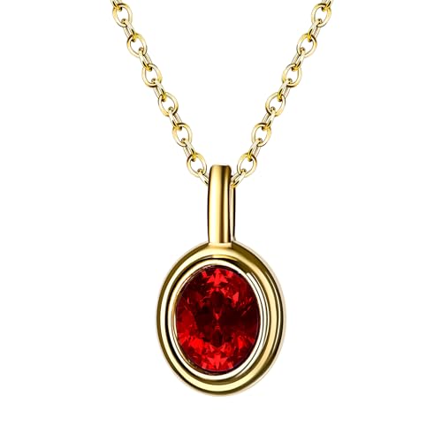 Flongo Red Birthstone Necklace for Women: Gold Plated Stainless Steel Pendant with Crystal Stones - January Birthday Gift - Oval Crystal Pendant Necklace - 17.71" Chain with Extension