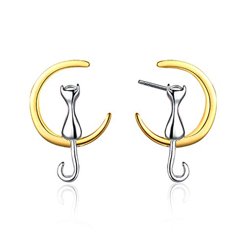 Alivier Ohrringe, Sterling-Silber 925, Mond- und Katzenmotiv 14 * 11 mm Goldfarben Cover