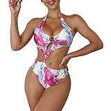 Damen Bikini Set Badeanzug Damen Bauchweg V Ausschnitt Monokinis Bauchweg Rash Guard UV Shirts mit Kurzarm