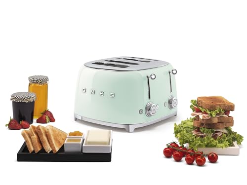 Image of SMEG 4 Slice Toaster TSF03, Retro Stainless-Steel Toaster with Wide Slots for Bagels, 6 Browning Levels, Defrost Reheat Bagel Functions, Dual Controls, Crumb Trays, 1800W - TSF03PGUS - Pastel Green