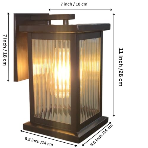 Image of GreyWings Classic Outdoor Wall Light for Home, Brown Metal Frame with Ribbed Glass, E27 Big Threaded Holder, Wall Lamp, Pack of 2