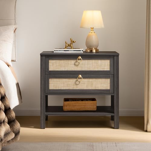 Image of SICOTAS Night Stands Set of 2 for Bedroom, Large Bedside Tables with Drawer & Open Shelf, Wide Boho Rattan Nightstand Set Narrow Side Table for Master Bedroom