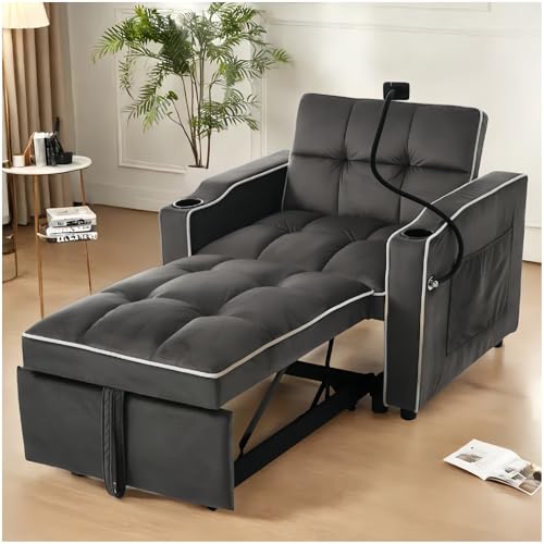 Lubvtti Sofá Cama Individual Extensible con portavasos y Soporte para teléfono móvil,sofá Individual 83x167x76 cm,sofá Cama Chaise Longue,sillón Relax,sillones Individuales,sofá 1 Plaza,Gris Oscuro