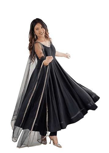 Image of Women Designer Chanderi Silk Anarkali Kurta Set with Dupatta & Pant Fully Flared Gown Style Ethnic Kurti Set