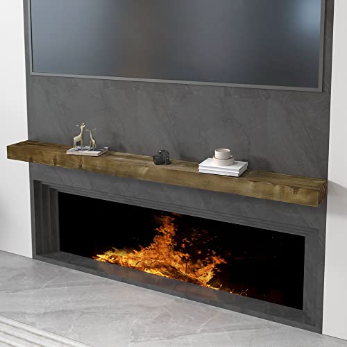 Eshoma Fireplace Mantel, 70 inches Floating Solid Wood Shelf with Baked Finish, Rustic Mantles for Over Fireplace with Heavy Duty Metal Bracket, 70 x 7 x 3 in, Brown