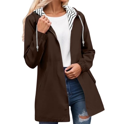 Veste Imperméable Femme Manteau Long Imperméable Trench Capuche À La Mode Coupe Vent Couleur Unie avec Zippé Veste De Sport Pluie D'extérieur Vetement Grande Taille