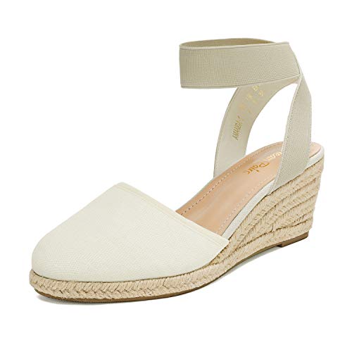 DREAM PAIRS Women's Beige White Closed Toe Elastic Ankle Strap Espadrilles Wedge Sandals Size 7 M US Amanda-1