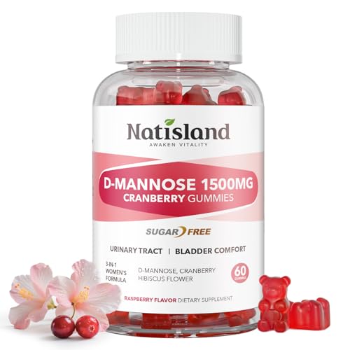 NATISLAND D Mannose with Cranberry Gummies D-Mannose Supplements 1500mg for Women with Hibiscus for Urinary Tract Health Bladder Liver Support Sugar-Free Vegan Raspberry Flavor 60 Count