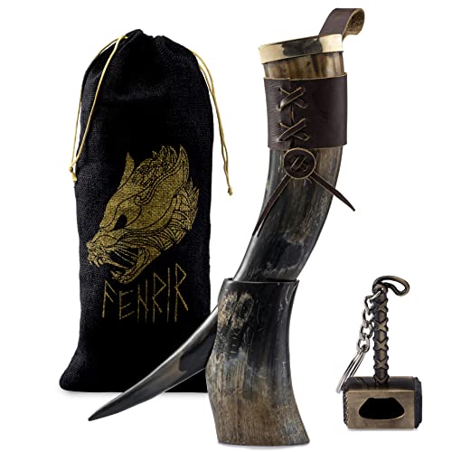 FENRIR Viking Drinking Horn With Stand | Thor Bottle Opener | Authentic Ox Horn Norse Medieval Stein for Ale, Mead, Whiskey | Loud Cup Tumbler Horn | Unique Gifts for Men | 16-oz Natural Polished