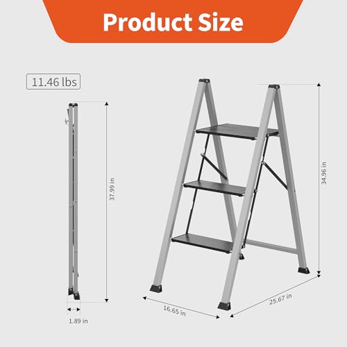 Image of 3 Step Ladder, 800 Lbs Aluminum Ladder, Silver