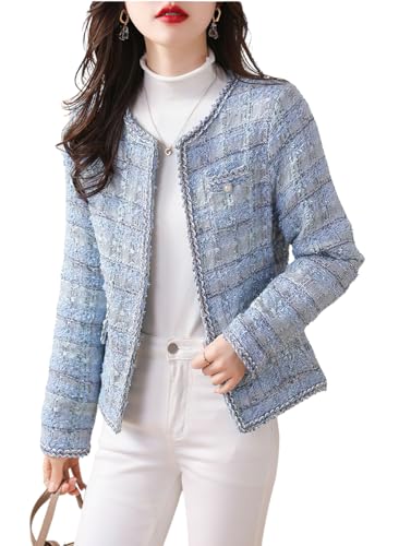 chouyatou Women's Elegant Open Front Tweed Jacket Slim Collarless Bussiness Casual Blazer Jacket
