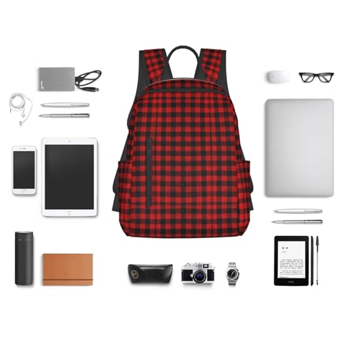 Mochila casual para viaje y trabajo con diseño a cuadros rojo y negro miniatura 6