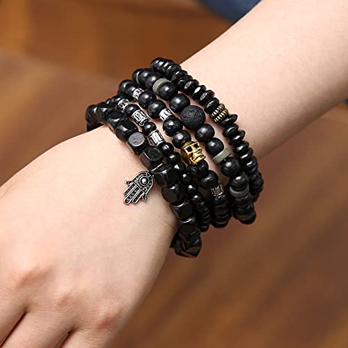 Hzman Wrap Bracelets Men Women, Hemp Cords Wood Beads Ethnic Tribal Bracelets, Leather Wristbands (Hand Of Fatima) #TOP2