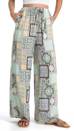 Womens Casual Mid Waist Wide Leg Pants Summer Floral Solid Palazzo Baggy Pants Lounge Beach Trousers with Pocket