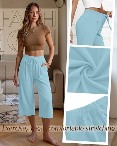 Image of Locoowai 3 Pack Women's Capri Pants Casual Wide Leg Yoga Pants High Waist Drawstring Cropped Lounge Sweatpants with Pockets