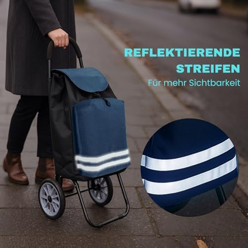 Allyson® Einkaufstrolley klappbar mit Reflektoren & Kühltasche, Einkaufswagen 45L Kapazität, Wetterfester Shopping Trolley, Treppensteiger Trolley mit Geräuschlosen Rädern & Abnehmbarer Tasche - Blau – Bild 5