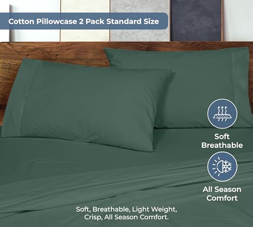 Image of ROYALE LINENS 100% Organic Cotton Percale Pillowcases Set of 2 - Queen Size Percale Pillowcase - Queen Set of 2 Pillow Cover - Breathable, Cool & Crisp Pillow Cases (20 inchx30 inch, Hunter Green)