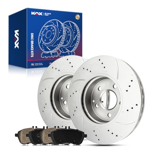 KAX Front Brake Kit, Drilled and Slotted Brake Rotors, Ceramic Brake Pads | Fits Mercedes-Benz C300 2008-2011 3.0L, C250 2012-2014 1.8T, C300 2012, SLK250 2012-2015, C250 2015