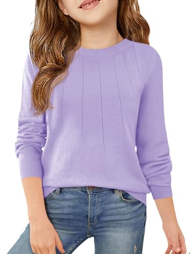 Haloumoning Girls Sweaters Kids Crewneck Long Sleeve Pleated Knit Pullover Sweater Fall Fashion Clothes 5-14 Years Purple