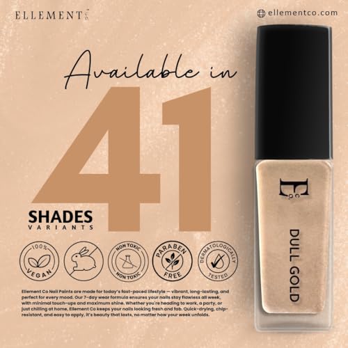 Image of Ellement Co Dull Gold Nail Paint for Women 10 ML | High Gloss Metallic Finish Nail Polish | Long Lasting, Quick Dry & Chip Resistant Formula | Smooth Application with Salon Like Shine | Vegan, Non-Toxic Nail Colour for Party, Wedding & Festive