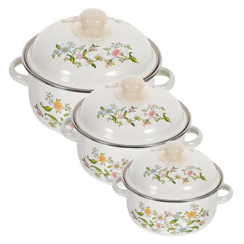 3 Piezas Ollas de Cocina de Esmaltada Olla de Sopa y Estofado con Plano para Fideos Instantáneos y Comidas Caseras