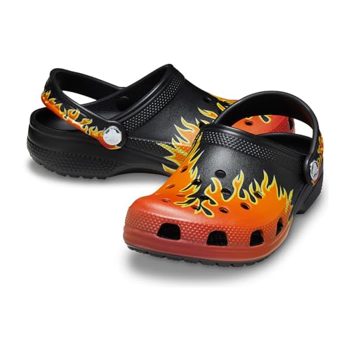 Image of Crocs Unisex Classic Clogs with Patterns and Graphics (Little Kid /Big Kid) Black /Multi Flames 11 Medium
