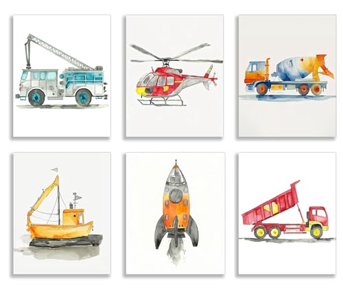 Image of Frimeeme Car Wall Art Boys Room Canvas Wall Decor Nursery Prints, Unframed | Kids Decor with Airplanes, Rockets & Ships for Boys' Nursery, Bedroom & Playroom, 8x10 Inches, Set of 6