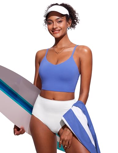 Image of CRZ YOGA V Shaped Longline Bikini Tops for Women - Padded Cropped Adjustable Spaghetti Straps Swimsuit Athletic Bathing Suit Wild Indigo Small