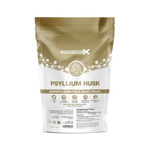Psyllium Husk Capsules 1400mg per Serving (240 Vegan Capsules) Natural High Fibre Supplement for Constipation Relief & Healthy Digestion, Gut Health/High Fiber Source