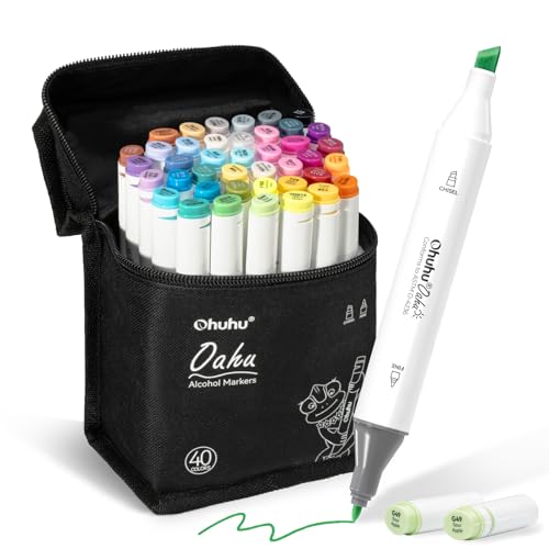 Ohuhu Alcohol Markers - Double Tipped Art Marker Set for Artists Adults Coloring Illustration - Alcohol-based Refillable Ink - 40 Colors - Chisel & Fine Dual Tips - Oahu of Ohuhu Markers