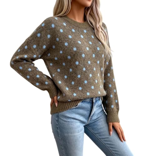 GOSEAGOTOFUN Womens Fall Sweaters Crew Neck Polka Sweater Casual Long Sleeve Loose Fit Knit Pullover Fall Fashion Clothes Coffee Small - image 2