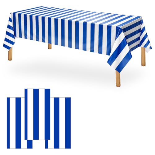 OQOQ Navy Blue and White Striped Tablecloth(3 Pack) - 54x108 Inches Father's Day Party Decoration Supplies Disposable Plastic Rectangular Table Cloth for Birthday Ocean Nautical Theme Party Picnic