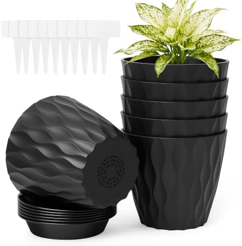 vsshe Blumentopf, 6er Set Blumentöpfe aus Kunststoff, Waffelmuster Pflanzentopf rund mit Untersetzer & Drainageloch, Übertopf für Zimmerpflanzen, Balkon, Innen&Außenbereich (6 Zoll