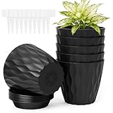 vsshe Blumentopf, 6er Set Blumentöpfe aus Kunststoff, Waffelmuster Pflanzentopf rund mit Untersetzer & Drainageloch, Übertopf für Zimmerpflanzen, Balkon, Innen&Außenbereich (4 Zoll/10cm, Schwarz)