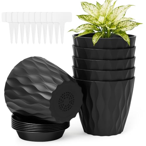 vsshe Blumentopf, 6er Set Blumentöpfe aus Kunststoff, Waffelmuster Pflanzentopf rund mit Untersetzer & Drainageloch, Übertopf für Zimmerpflanzen, Balkon, Innen&Außenbereich (4 Zoll/10cm, Schwarz)