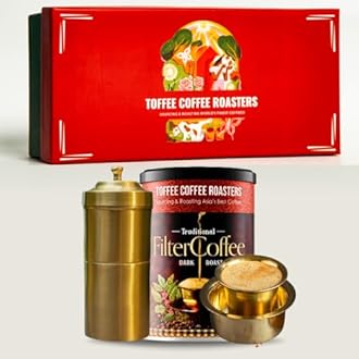 Toffee Coffee Roasters | South Indian Filter Coffee Gift Hamper| FC + Brass Dabara Set + Brass Coffee Maker | Corporate Bulk Gifting | Diwali Gift