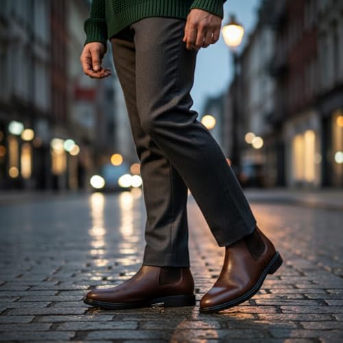 Image of CRACHERS Men's Classic Black Leather Chelsea Boots | Formal & Casual Slip-On Ankle Boots with Elastic Side Panel and Pull Tab | Durable & Stylish Lightweight Boots for Men