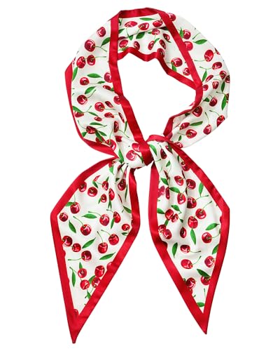 Mesovor Cherry Head Scarf Hair Neck Scarves for Women, Fashion Purse Bag Scarfs | Long Thin Satin Headscarf Headbands (Cherry (White))