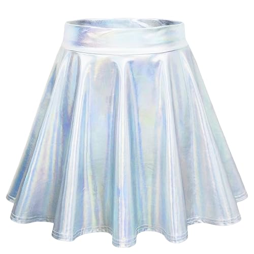Metallic Rock Damen Mini Rock Sommer Kurz A-Linien Skater Rock Damen Hohe Taille Metallischer Faltenrock Glänzender Partyrock für Karneval Fasching Cosplay(Laser Silber)