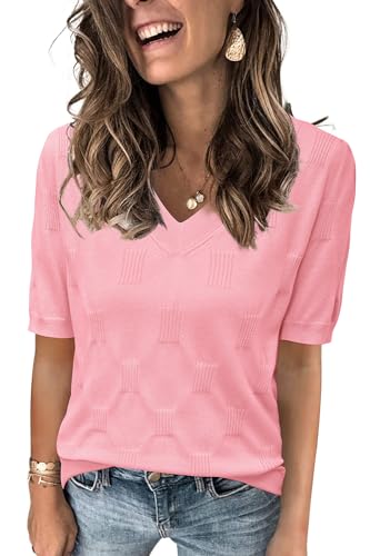 Image of Arach&Cloz Women's Lightweight Spring Summer Sweater Tops Casual Short Sleeve Blouses Shirts