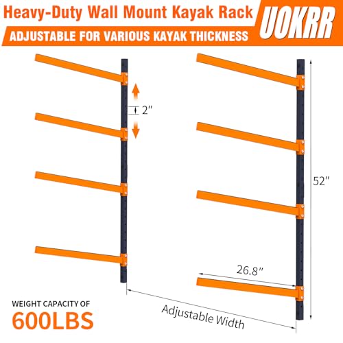 UOKRR Kayak Storage Rack, Wall Mount Kayak Racks for Indoor Outdoor Storage, Heavy Duty Adjustable Kayak Rack for Garage, Spacesaver (4 Kayaks, Wall Mount)