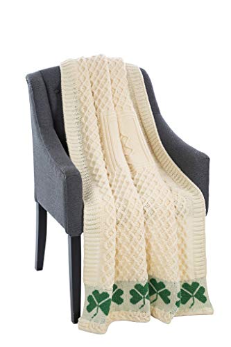 SAOL Irish Shamrock Aran Throw Blanket -100% Merino Wool - Honeycomb Pattern - Natural / 40 x 60/100 cm x150 cm