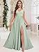 JKMMYO Lilac Bridesmaid Dresses for Wedding Long Slit Chiffon Off The Shoulder Formal Evening Gown with Pockets Size 10
